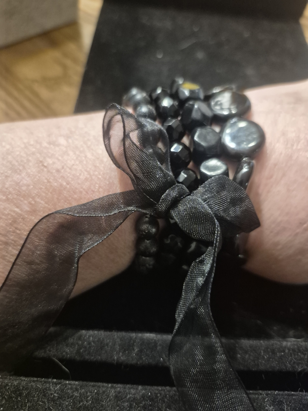 Black Beaded Multi-Strand Bracelet with Sheer Organza Bow